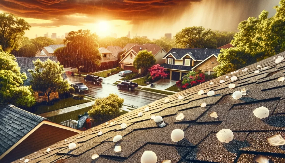 DALL·E 2024-04-11 11.25.39 - A vivid and impactful scene showing the aftermath of a hail storm on a residential roof in Texas. The focus is on the detailed texture of roofing shin