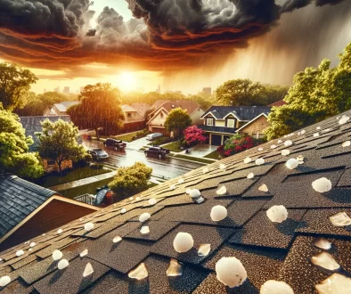 DALL·E 2024-04-11 11.25.39 - A vivid and impactful scene showing the aftermath of a hail storm on a residential roof in Texas. The focus is on the detailed texture of roofing shin